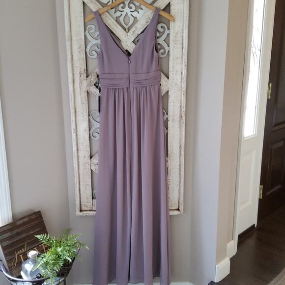 Lulu's Ruched A-Line Chiffon Maxi Dress Sleeveless in Taupe Purple - Picture 5 of 7
